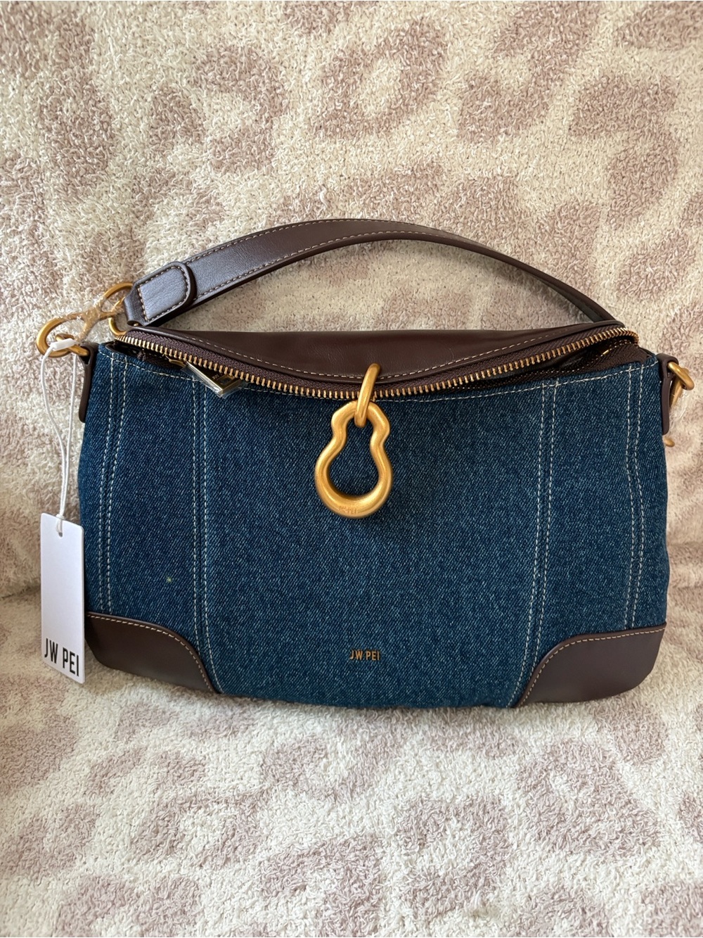 JW PEI Denim Shoulder Bag with Brown Leather Accents and Gold Hardware